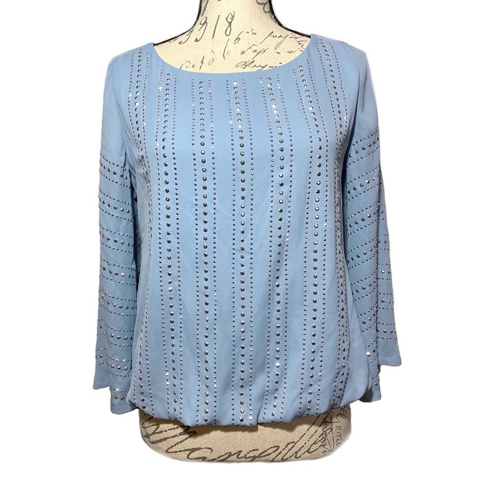 Alfani Light Blue Studded Long Sleeve Blouse